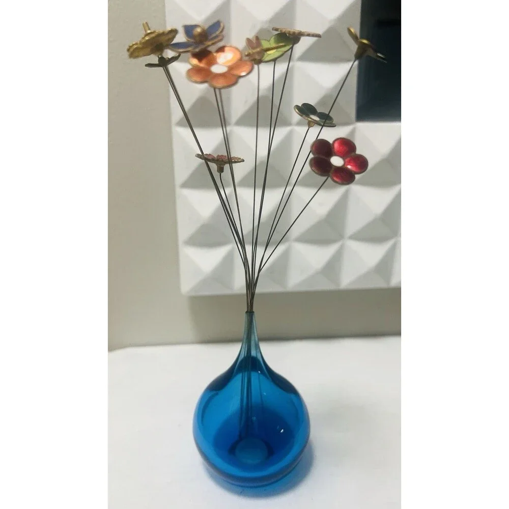 VTG Enamel Brass Flower Bouquet 12pc 8” Stems & Blue Glass Bud Vase 3” MCM